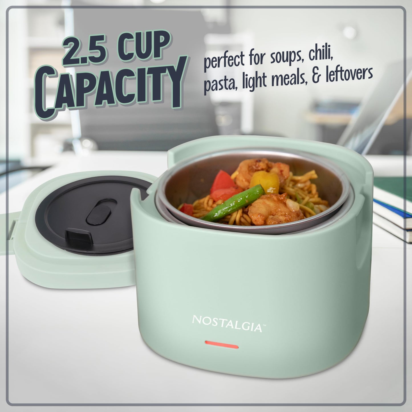 Nostalgia Portable Heated Lunch Box – 2.5-Cup Stainless Steel Food Warmer – Detachable Cord, Leak-Proof Lid, Carry Handle – Portable for Work & Travel – Sage