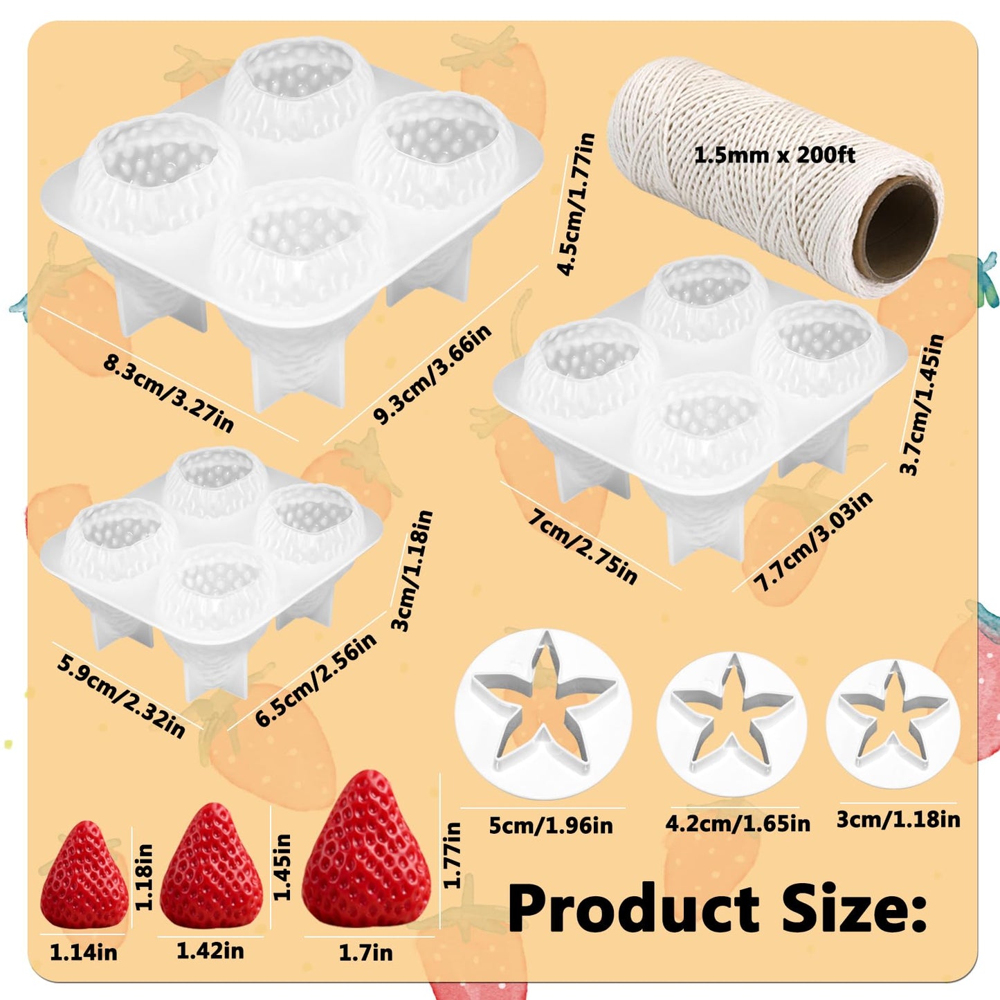 3D Strawberry Grapes Soap Mold, 3 Pcs Strawberry Silicone Scented Candle Soap Mold with 3Pcs Leaf Mold 200Ft White Cotton Rope for Soap Candle Making Gift