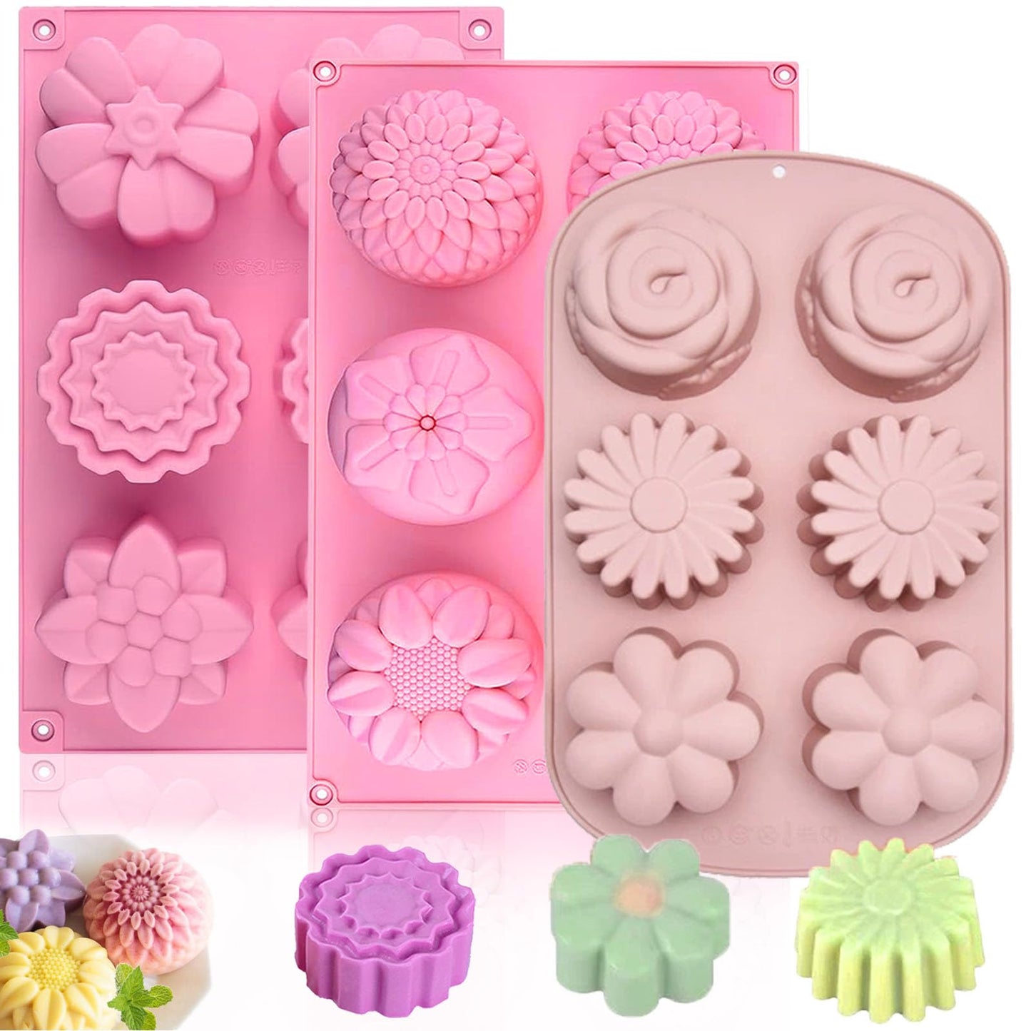 3 Pack Silicone Soap Molds,Flowers Soap Mold for Soap Making,Great for Handmade Soaps,Lotion Bars,Biscuit,Chocolate,Moon Cake