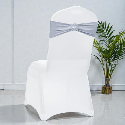 MDS Spandex Foil Chair Sashes - Universal Fit Elastic Stretch Bands with Buckle for Weddings | Metallic Silver (Pack of 10)