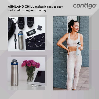 Contigo Ashland Chill Autospout Water Bottle with Flip Straw, Stainless Steel Thermal Drinking Bottle,Leakproof,Grey, BLue, 590 ml