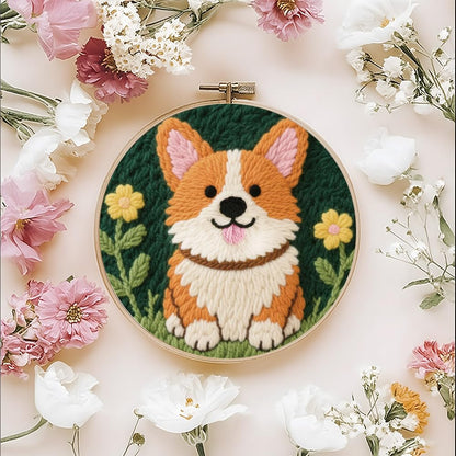 FREEBLOSS DIY Corgi Punch Needle Kit for Beginners Embroidery Punch Needle Starter Craft Set with Instructions Frame Embroidery Kit for Adults Gift Decoration 7.9''/20cm
