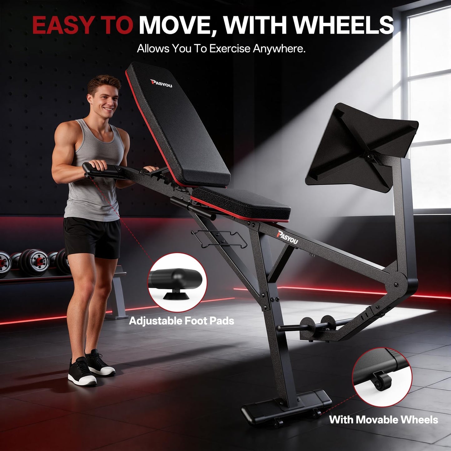 PASYOU Leg Press Machine for Home Gym – Adjustable Foot Plate Weight Bench with Leg Extension, Compact Footprint Workout Bench for Glutes, Quads & Hamstrings, Compatible with 1'' and 2'' Weight Plates