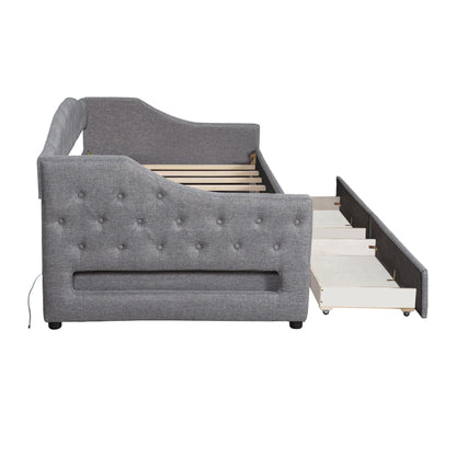 Merax Twin XL Size Modern Upholstered Platform Bed with 2 Drawers, Linen Sofa Daybed with Wood Slat Support, Storage Bed Frame, Space Saving/Gray