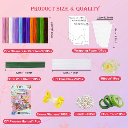 Missicee 800 PCS Pipe Cleaner Flower Kit, DIY Pipe Cleaners Bulk Craft Bouquet Making Kit with 13 Colors Chenille Stems, Floral Wires, Stamen, Ribbon, Instruction, Art and Craft Supplies
