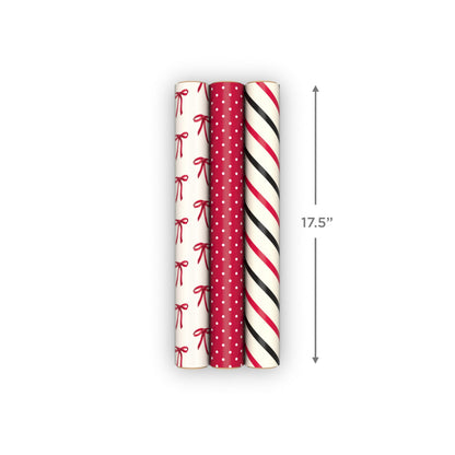 Hallmark Red and Black Wrapping Paper Mini Rolls, 3-Pack (Bows, Diagonal Stripes, Polka Dots) for Valentine's Day, Birthdays, Mother's Day, Bridal Showers - 45 Sq. Ft. Total