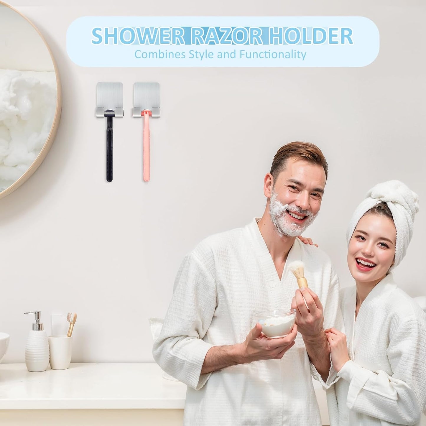 VIS'V Shower Wall Razor Holder - Metal Adhesive Razor Hooks for His and Hers, Waterproof, Silver, 2 Pcs