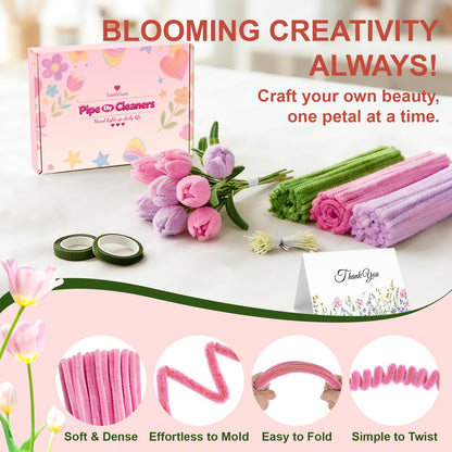 650PCS Pipe Cleaners Bulk, Pipe Cleaners Craft 7 Colors Chenille Stems Flower Kit with Floral Wires, Tape, Stamens, Wrapping Paper for DIY Bouquet & Gifts (Pink)