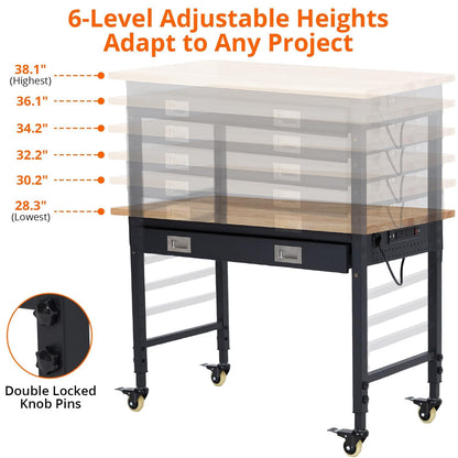 72 Inch Heavy Duty Rolling Tool Chest, Stainless Steel Tool Cabinet with 15 Drawers, Solid Wood Top Workbench, Mobile Toolbox Organizer with Locking Wheels, Power Outlets, for Garage, Workshop, Storag