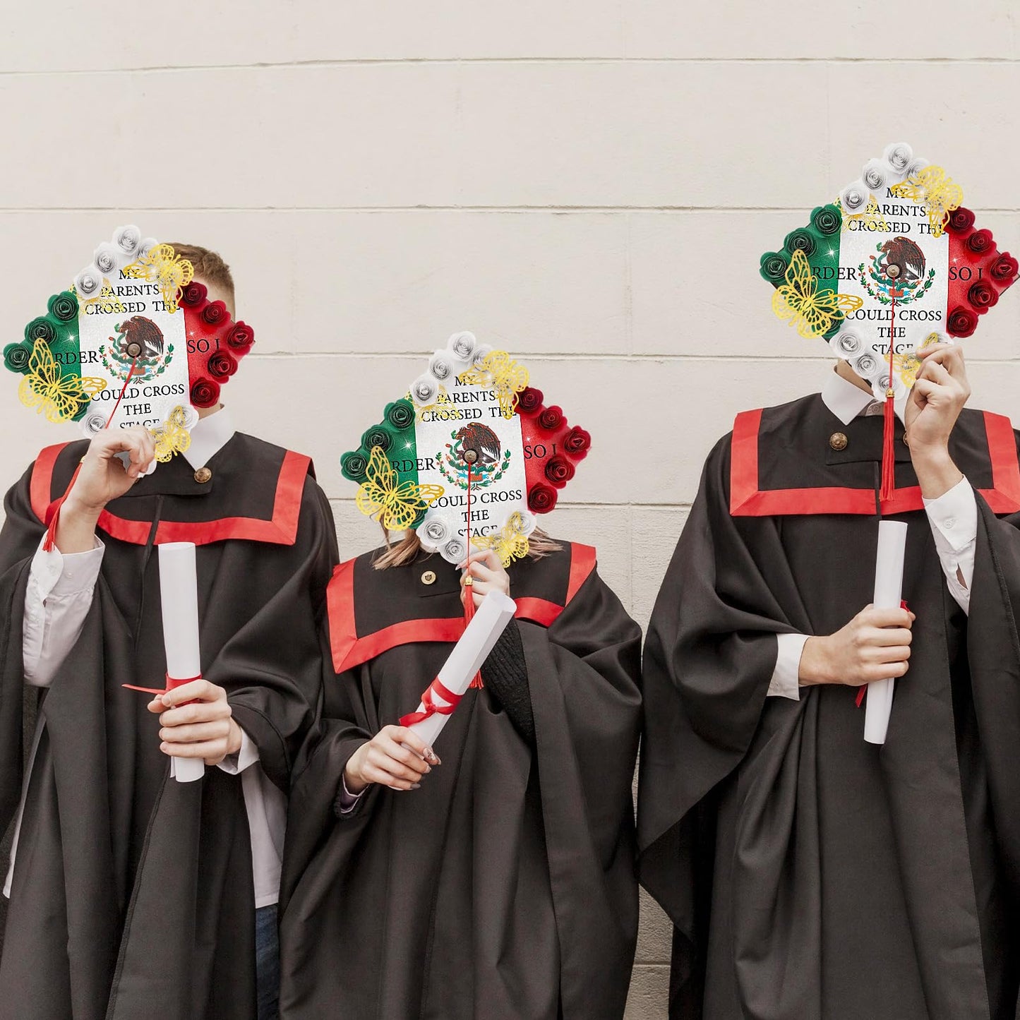 Dunzoom 37 Pcs Mexican Flag Graduation Cap Decorations Kit, Glitter Mexican Flag Grad Cap Topper with Paper Flowers 3D Butterflies for Grad Hat Topper Cover Craft Gift Decor(Style A)