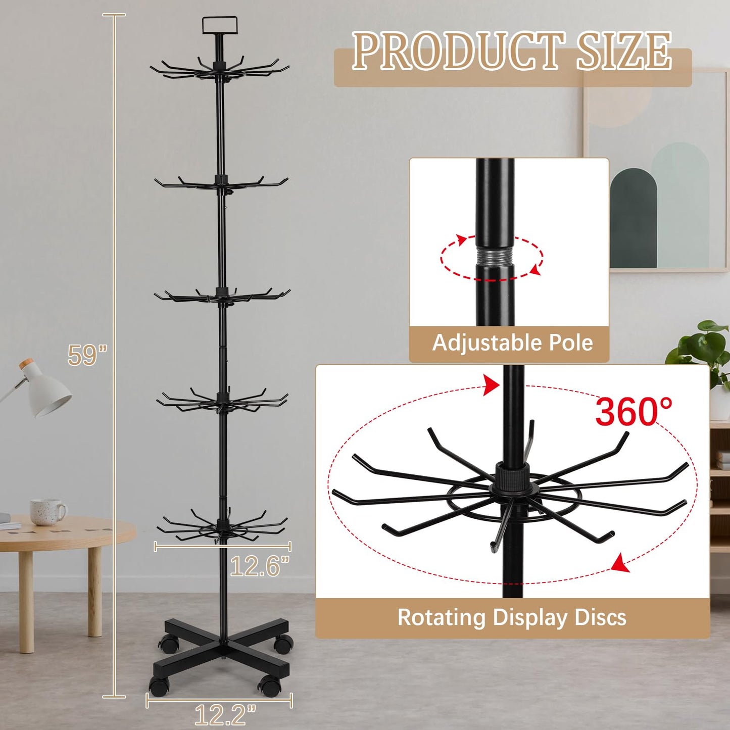 Exttlliy 5-Tier Metal Spinning Display Stand Rack with Wheels, Black Iron, 50 Hooks, Lockable Wheels, Ideal for Jewelry, Accessories, Foods
