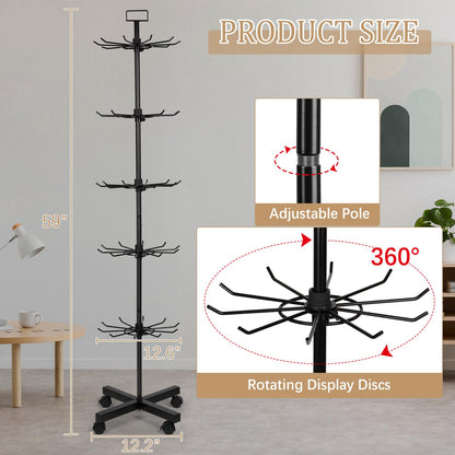 Exttlliy 5-Tier Metal Spinning Display Stand Rack with Wheels, Black Iron, 50 Hooks, Lockable Wheels, Ideal for Jewelry, Accessories, Foods