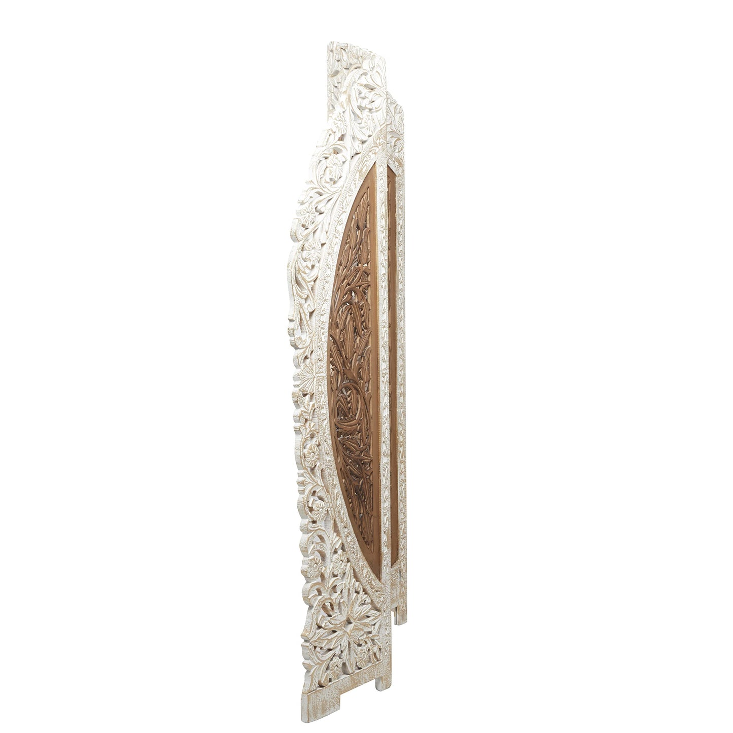 Deco 79 Mango Wood Floral Handmade Partition Room Divider Screen Foldable Arched Partition 4 Panel Privacy Screen with Intricately Carved Designs, Room Partition 62" x 1" x 72", Brown