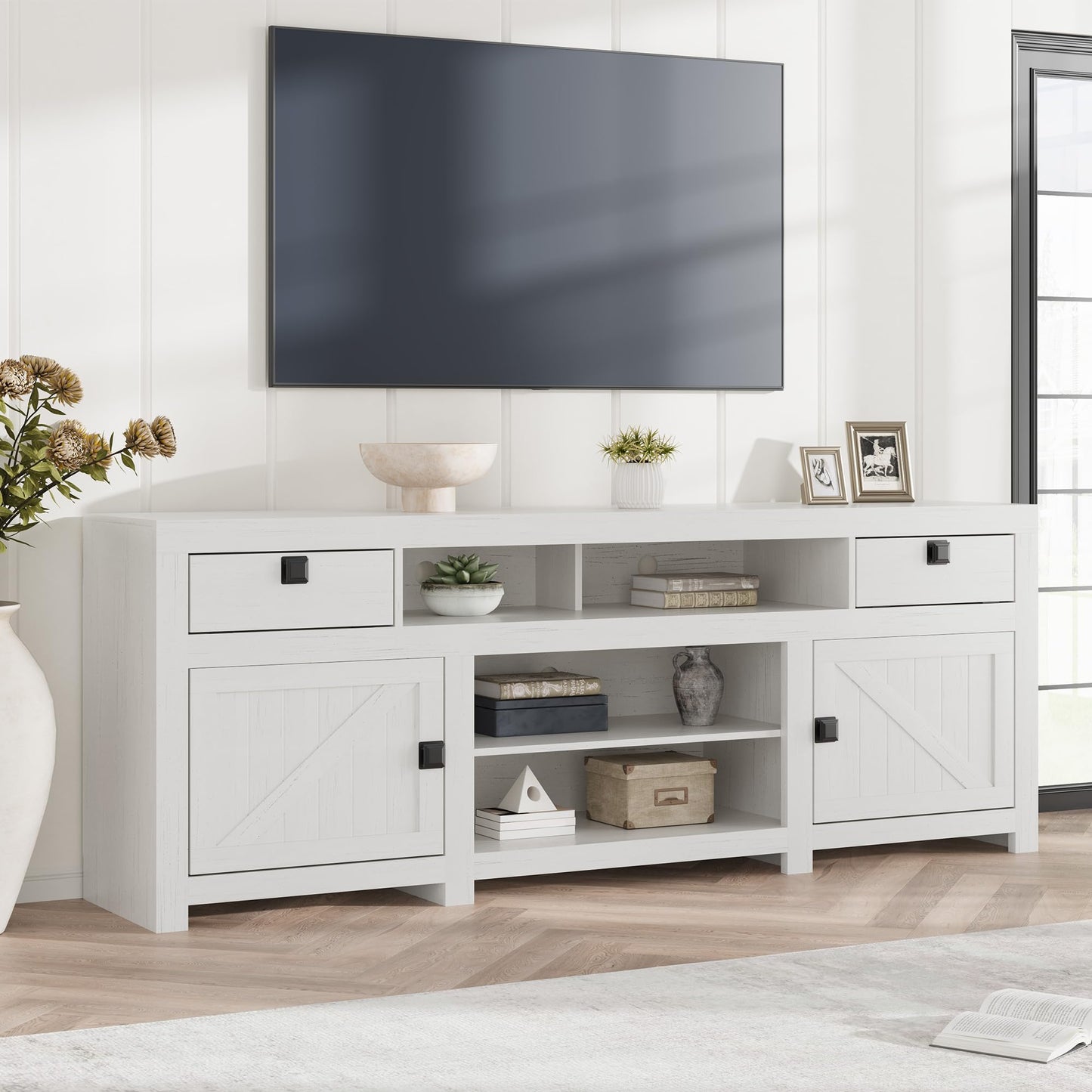 Farmhouse TV Stand for 75/80 Inch TVs, Long Entertainment Center with 4 Storage Drawers & 3 Open Shelf, White Television Consoles Stands for Living Room, Bedroom