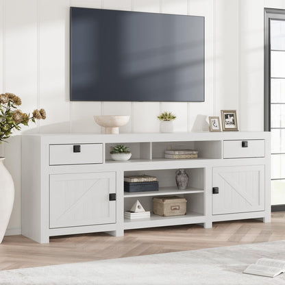 Farmhouse TV Stand for 75/80 Inch TVs, Long Entertainment Center with 4 Storage Drawers & 3 Open Shelf, White Television Consoles Stands for Living Room, Bedroom