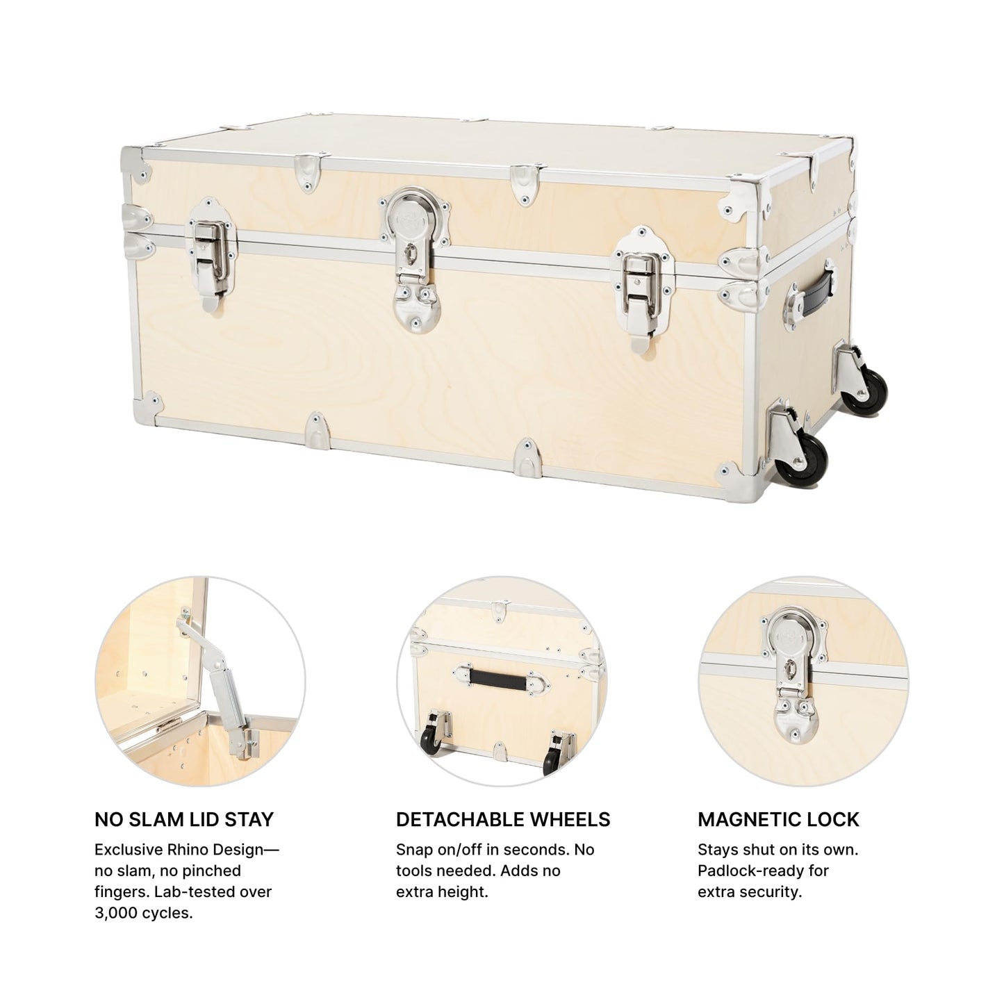 Rhino Trunk & Case Naked XL Trunk with Wheels - 34"x20"x15", 1500+ lbs Capacity, Soft-Close Lid. Strong, USA Made Summer Camp Footlocker, Secure College Dorm Chest, Natural Wood Home Storage Box