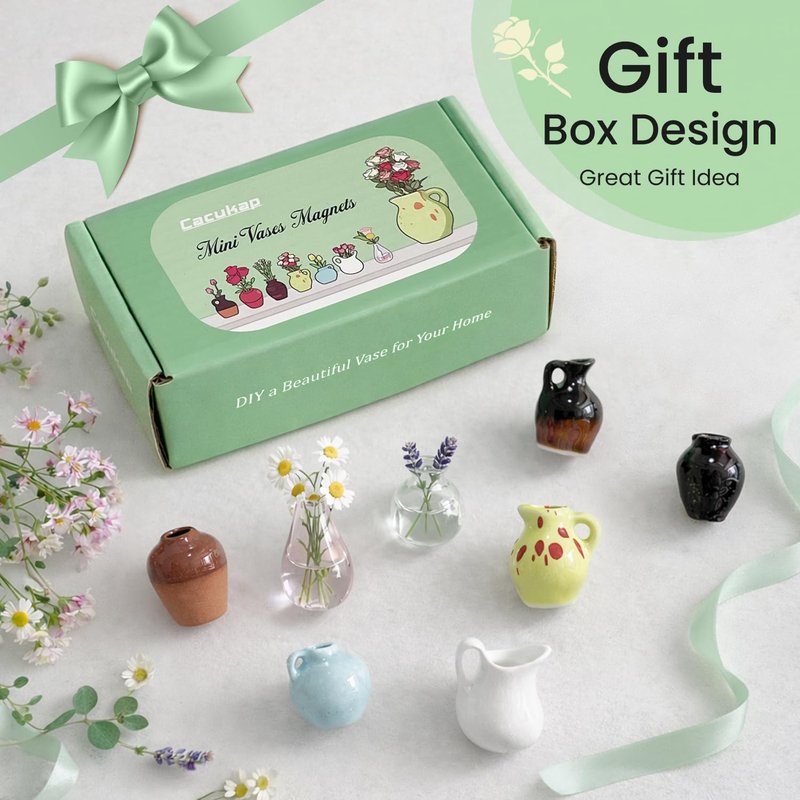 Cute Mini Ceramic Vase Magnets for Fridge, Funny Small Plant Magnets, Tiny 3D Plant Vase for Refrigerator Decoration Kitchen Locker Kitchen Office (8 Pack)