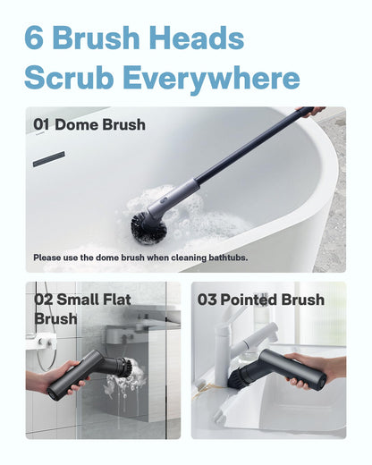HOTO Cordless Electric Spin Scrubber, IPX7 Full Body Waterproof Bathroom Cleaning Brush, Max 22 in-lb, Shower Scrubber Brush with Long Handle, 6 Brush Heads, Power Scrubber for Bathroom, Floor, Tile