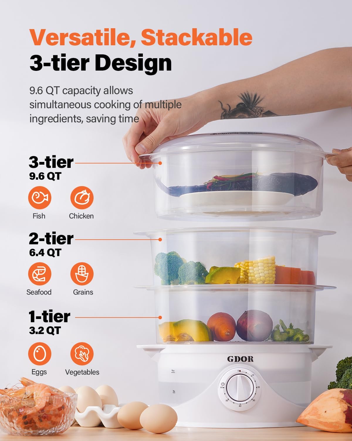GDOR 3 Tier Electric Food Steamer for Cooking, 800W Vegetable Steamer for Fast Simultaneous Cooking, Dishwasher Safe, Boil Dry Protection, 60-Minute Timer, BPA-Free, 9.6 QT, White