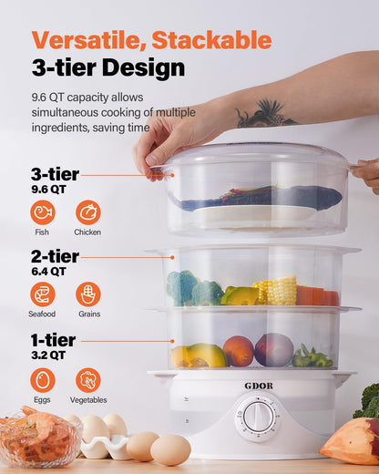 GDOR 3 Tier Electric Food Steamer for Cooking, 800W Vegetable Steamer for Fast Simultaneous Cooking, Dishwasher Safe, Boil Dry Protection, 60-Minute Timer, BPA-Free, 9.6 QT, White