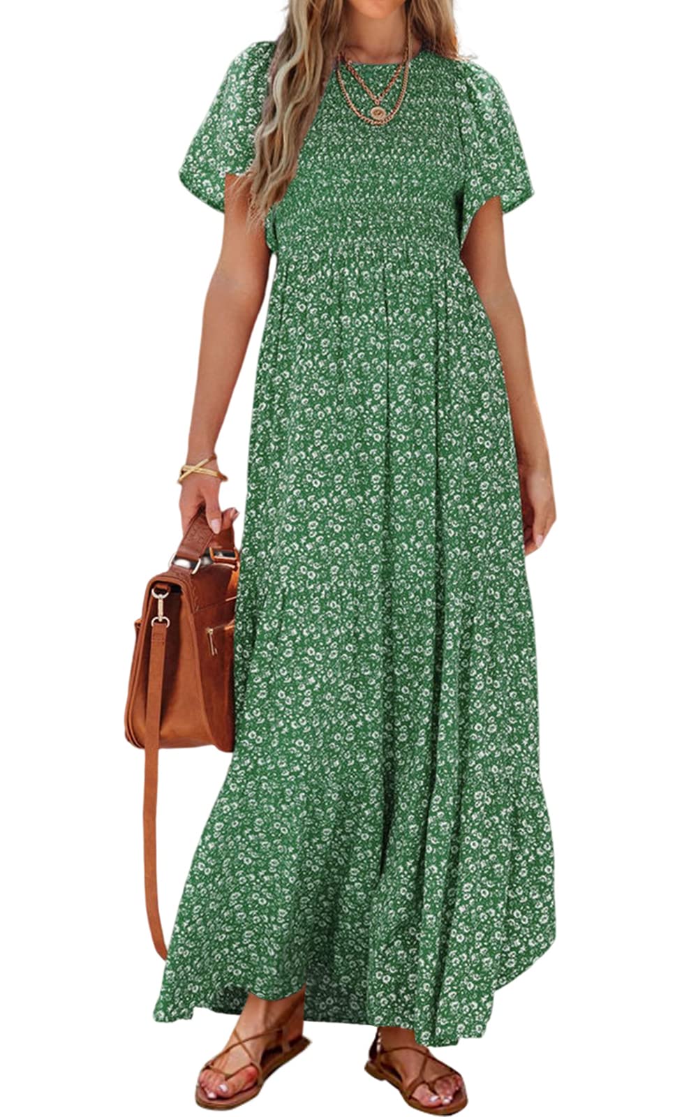 PRETTYGARDEN Women's 2025 Summer Casual Flutter Short Sleeve Boho Floral Maxi Dress Crew Neck Smocked Tiered Long Dresses