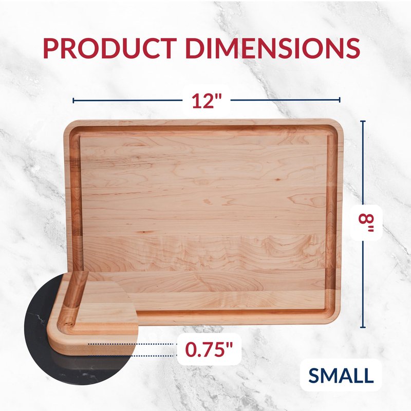 Made in USA Solid Maple Wood Cutting Board by Virginia Boys Kitchens - Butcher Block Wooden Carving Board with Juice Groove made from Sustainable North American Hardwood (8x12)