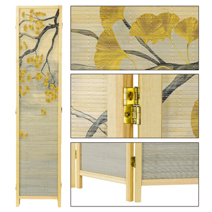 MyGift 6 Panel Large Bamboo Room Divider with Dual Sided Asian Birds Gingko Biloba Tree Sunset Design Print, 6FT Freestanding Artwork Privacy Partition Folding Screen with Beige Solid Wood Frame