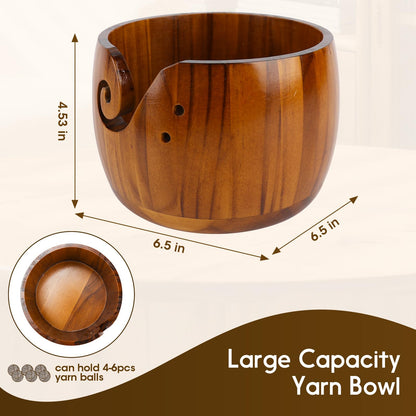 Ziimaikery Large Wood Yarn Bowl with Lid, Crochet Yarn Holder with 7pcs Knitting Hooks, No-Tangle Design, Yarn Storage Crochet Bowl Knitting at Home, Café, Park, Craft Gatherings Rotundity