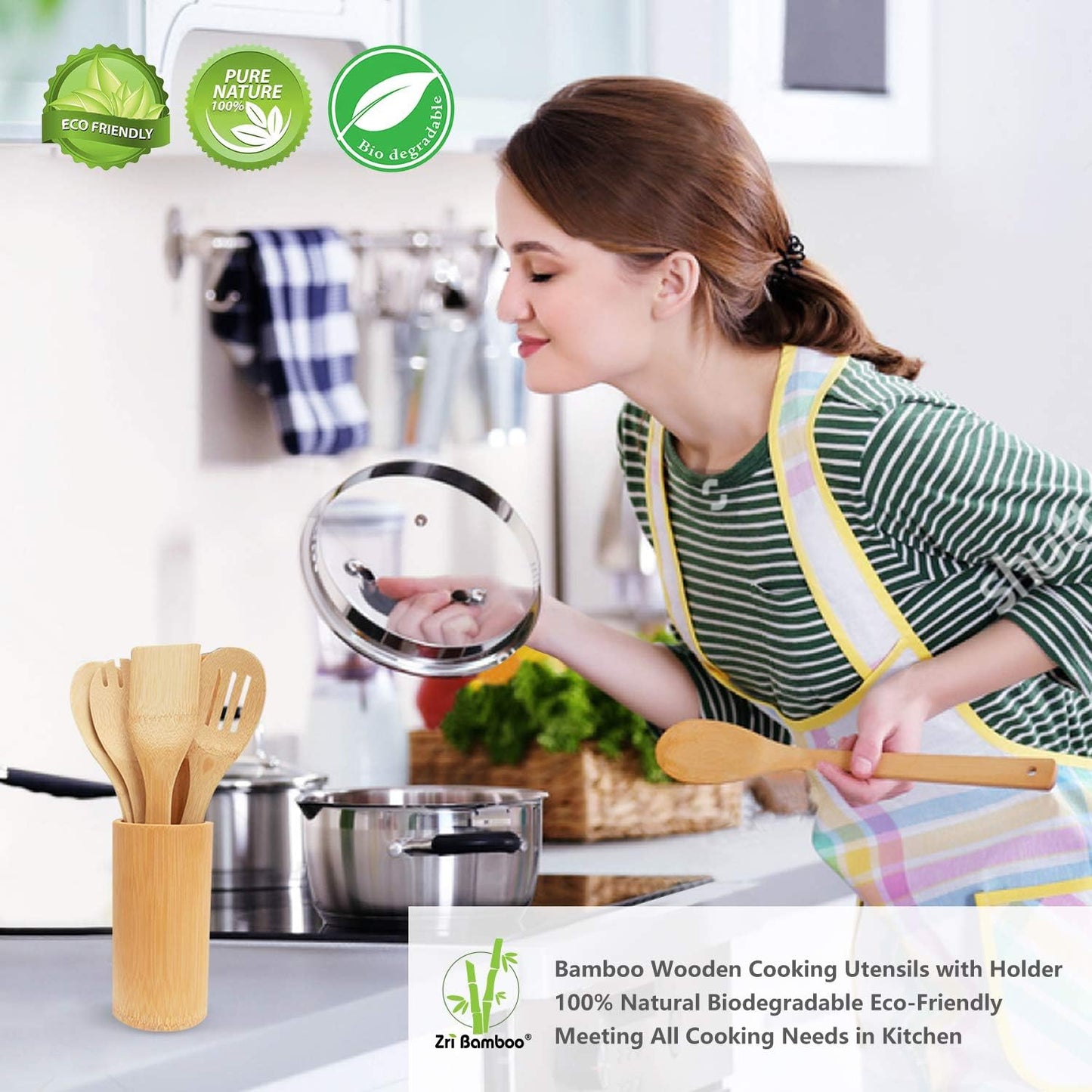 Bamboo Wooden Spoons & Spatulas Set, 6 Pieces Kitchen Cooking Utensils with 1 Holder, Heat Resistant for Non Stick