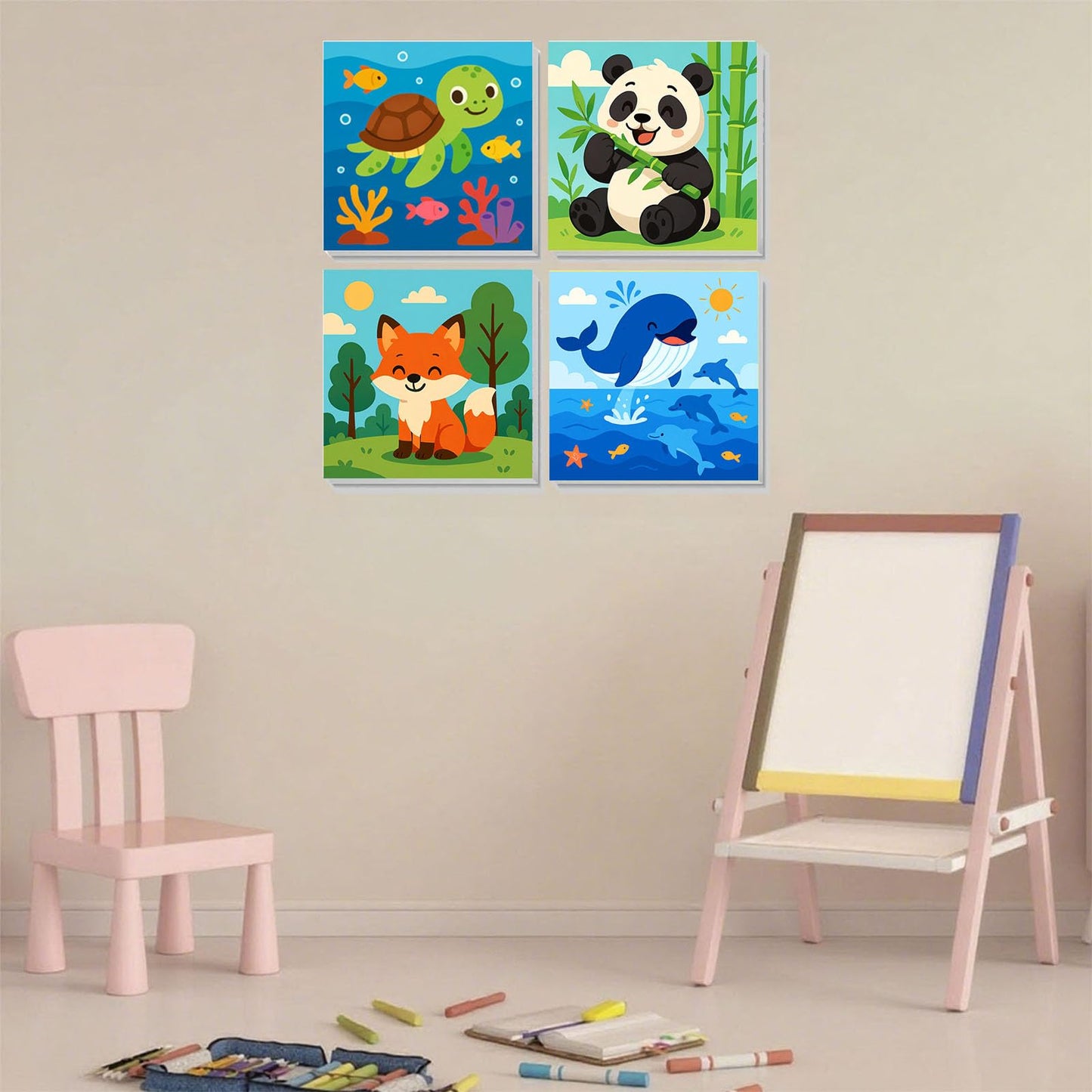 Arttoplus 4 Pack Paint by Numbers Kit for Kids with Frame,Cute Animals Kids Paint by Numbers Ages 4-6-8 with Wooden Easel,Easy DIY Acrylic Oil Painting by Number for Gift Home Wall Decor(8x8 inch)