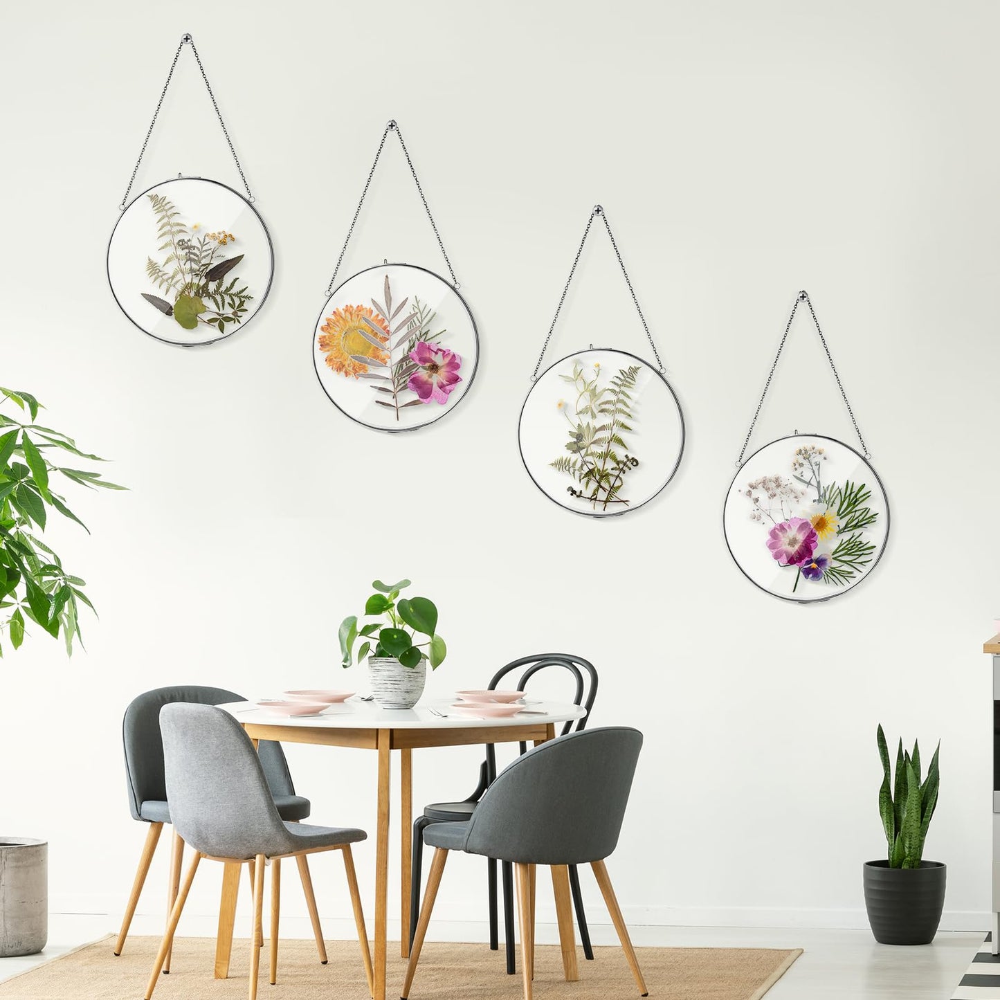 Qunclay 4 Pcs Double Glass Frame for Pressed Flowers Round Hanging Herbarium Floating Flower Press Frame Clear DIY Vintage Artwork Display holder(4 Inch,Black)