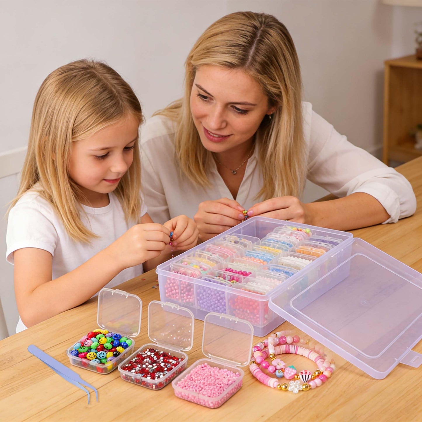 YUX-DTDSU 74 PCS Bead Organizer Box with Hinged Lid, Craft Storage Containers with 2Pcs Tweezers and Labels, Small Clear Plastic Diamond Painting Storage Case for Jewelry, Bracelet, Seed, DIY Crafts