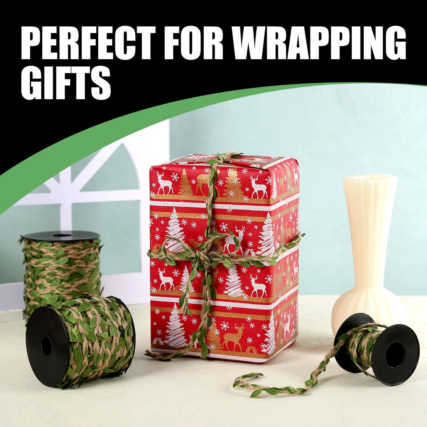 Radix Rope Natural Jute Twine with Green Leaf - 100 Feet (30 Meters) | Decorative Garden String for Gift Wrapping, Crafts, Wedding Decor