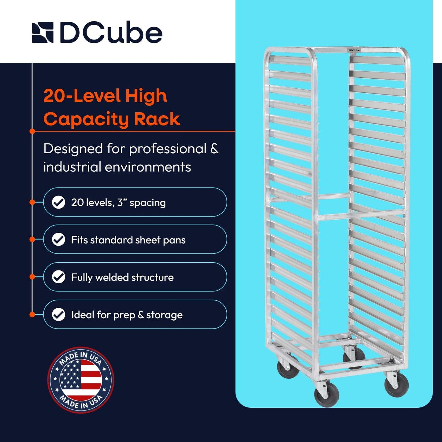 DCUBE Aluminum 20-Pan Bakery Rack with 3" Spacing, Heavy-Duty Double-Welded Frame, Side Load Pan Slides, 5" Polyolefin Swivel Casters, Commercial Sheet Pan Rack for Bakery, Kitchen & Food Service