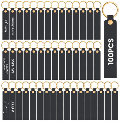 Wavyknot 100 Pcs PU Leather Keychain Blanks Bulk Laser Engraving Blanks Keychain Kit with Key Rings for DIY Key Chains Craft (5.6 x 0.8 Inches,Black)