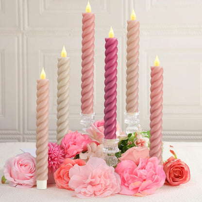 Baquler 6 Pcs Pastel Pink Flameless Taper Candle Twisted LED 9.65 Inch Taper Candles Battery Operated Spiral Candlesticks for Valentine Wedding Birthday Home Party Holiday Dinner Fireplace