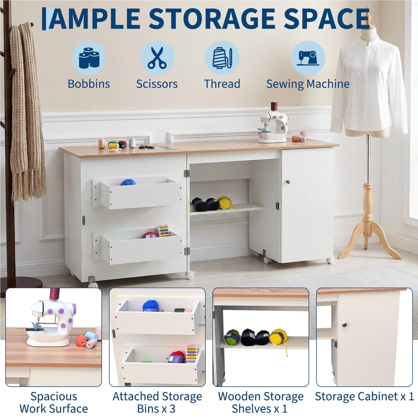 Large Folding Sewing Table, 63" x 19" x 29.5" Multipurpose Portable Craft Station & Side Desk with Compact Design, Caster Wheels, Storage Shelves, 2 Storage Trays, Magnetic Doors, White + Natural