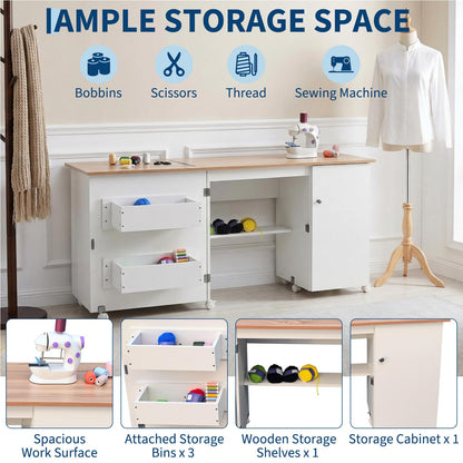 Large Folding Sewing Table, 63" x 19" x 29.5" Multipurpose Portable Craft Station & Side Desk with Compact Design, Caster Wheels, Storage Shelves, 2 Storage Trays, Magnetic Doors, White + Natural