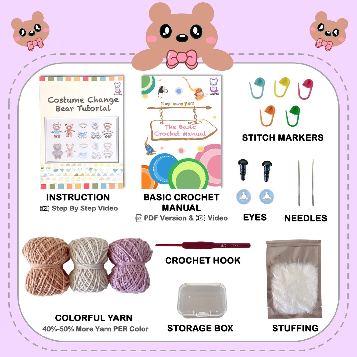 LoopMap Amigurumi Crochet Kit for Beginners with Removable Dress & Video Tutorials, DIY Bear Making Kit Includes Premium Yarn & Tools, Creative Gift for Adults Teens (Purple)
