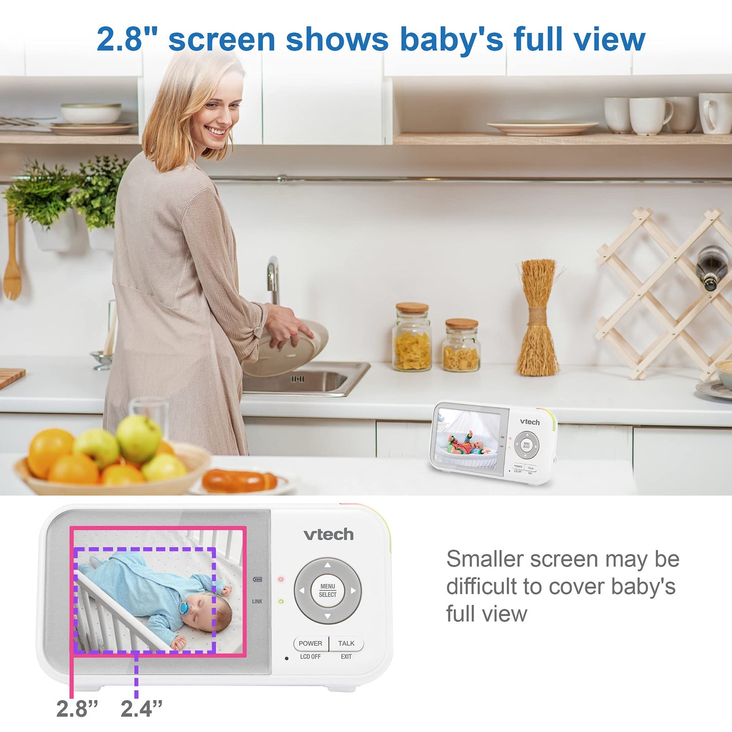 VTech VM923 Baby Monitor, 2.8” Screen, Pan-Tilt-Zoom, 1000ft Long Range, Night Vision, 2-Way Audio, Temperature Sensor, Lullabies, Secure Transmission No WiFi