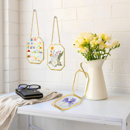 AVLA 3 Pack Pressed Flowers Glass Frames, Small Brass Floating Frame with Chain, Golden Hanging Picture Frame, Clear DIY Handmade Home Wall Decor for Displaying Artwork Dried Plant Specimen