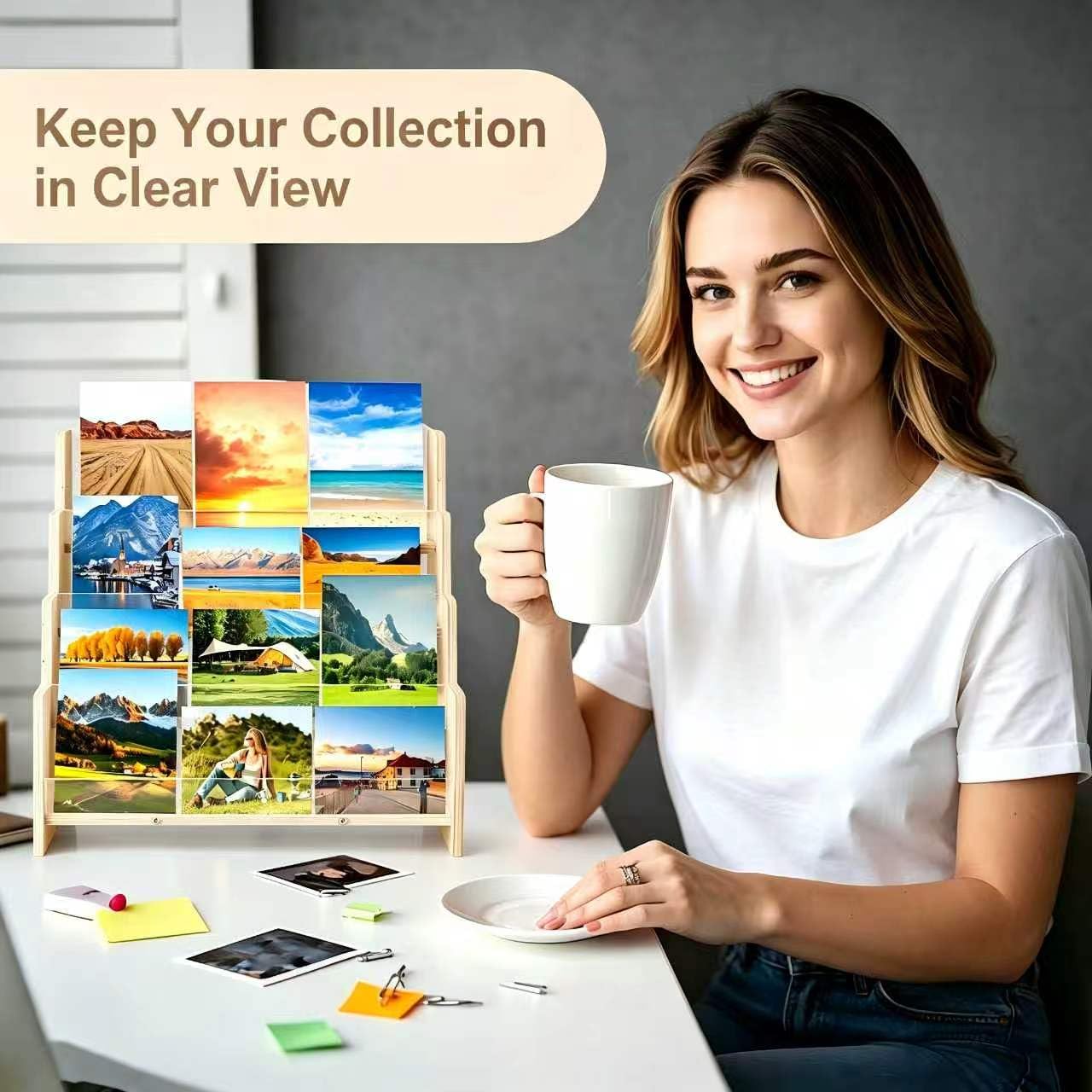 Kesiya Greeting Card Display Stand , Acrylic Sticker Display Holder for Vendors, Counter Retail Display Rack , 4-Tiered Wooden/Acrylic Display stand for postcard /Brochure/Photos/Picture
