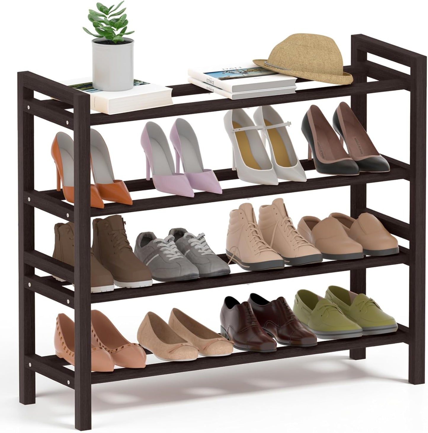 Closet, 4-Tier) Haddockway Bamboo Shoe Rack for Free Standing Shoe Organizer with Smooth Round Rods & Convenient