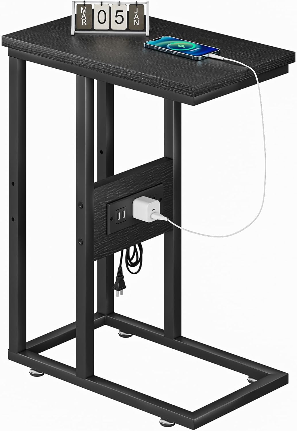 1 Set,Black VECELO C Shaped End Table with Charging Station & Power Outlets, Quick Access Side Table for Sofa, C