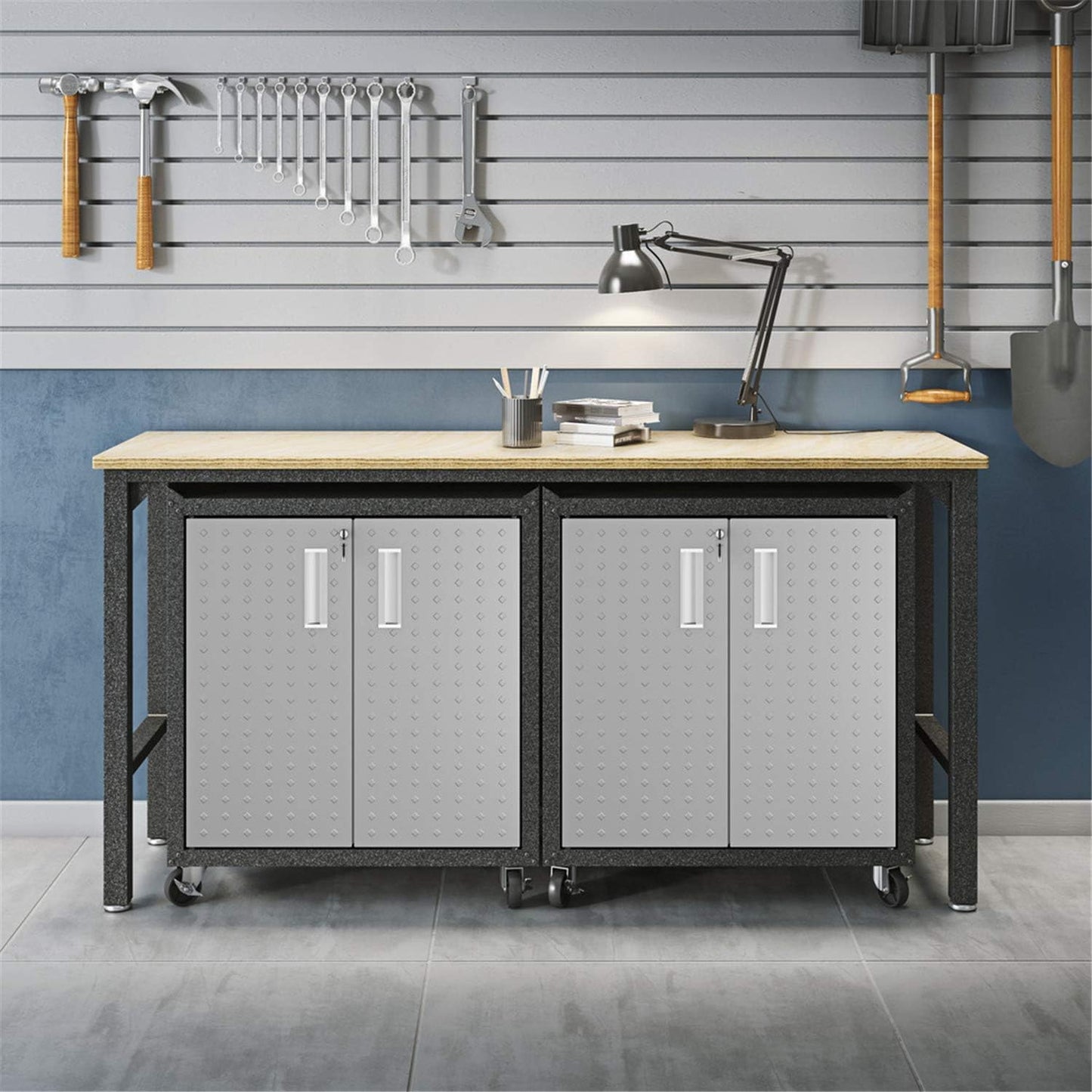 Manhattan Comfort Fortress 3-Piece Textured Garage Storage Set, Includes Mobile Metal Cabinet Chests and Worktable, Space-Saving Design, 25 Gauge Metal, Lockable Wheels, 1.0 Series, Grey