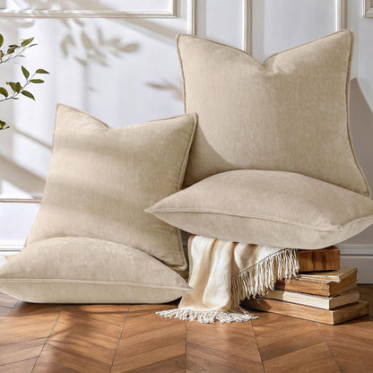decorUhome Summer Set of 4 Beige Couch Throw Pillow Covers 18x18, Decorative Soft Neutral Chenille Pillow Covers with Elegant Design for Living Room Bed Sofa