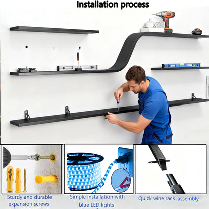 59IN Modern Wall Mounted Wine Rack with Blue LED Light, 3-tiers Metal Curved Bar liquor Bottles Display Shelf, Large Floating Bar Shelves Storage for Home bars, kitchens Coffee Shop (Black, 59in)