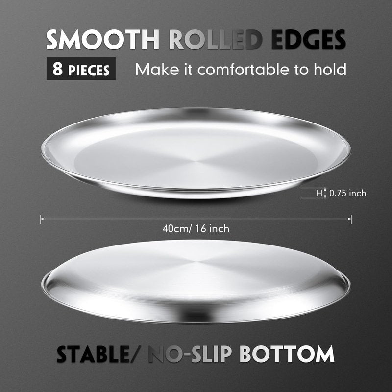 Thenshop 8 Pieces 16 Inch Pizza Pans Bulk Stainless Steel Sets Round Bakeware Pizza Trays for Oven Kitchen Baking Home Restaurant Safe Sturdy Reusable Easy Clean(Matte Silver)