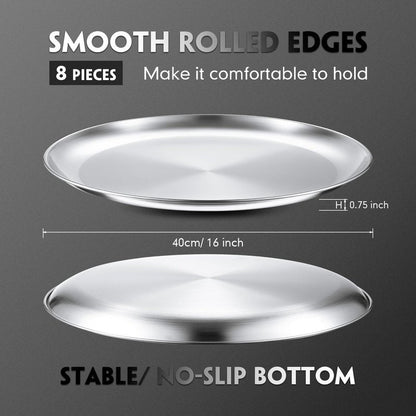 Thenshop 8 Pieces 16 Inch Pizza Pans Bulk Stainless Steel Sets Round Bakeware Pizza Trays for Oven Kitchen Baking Home Restaurant Safe Sturdy Reusable Easy Clean(Matte Silver)