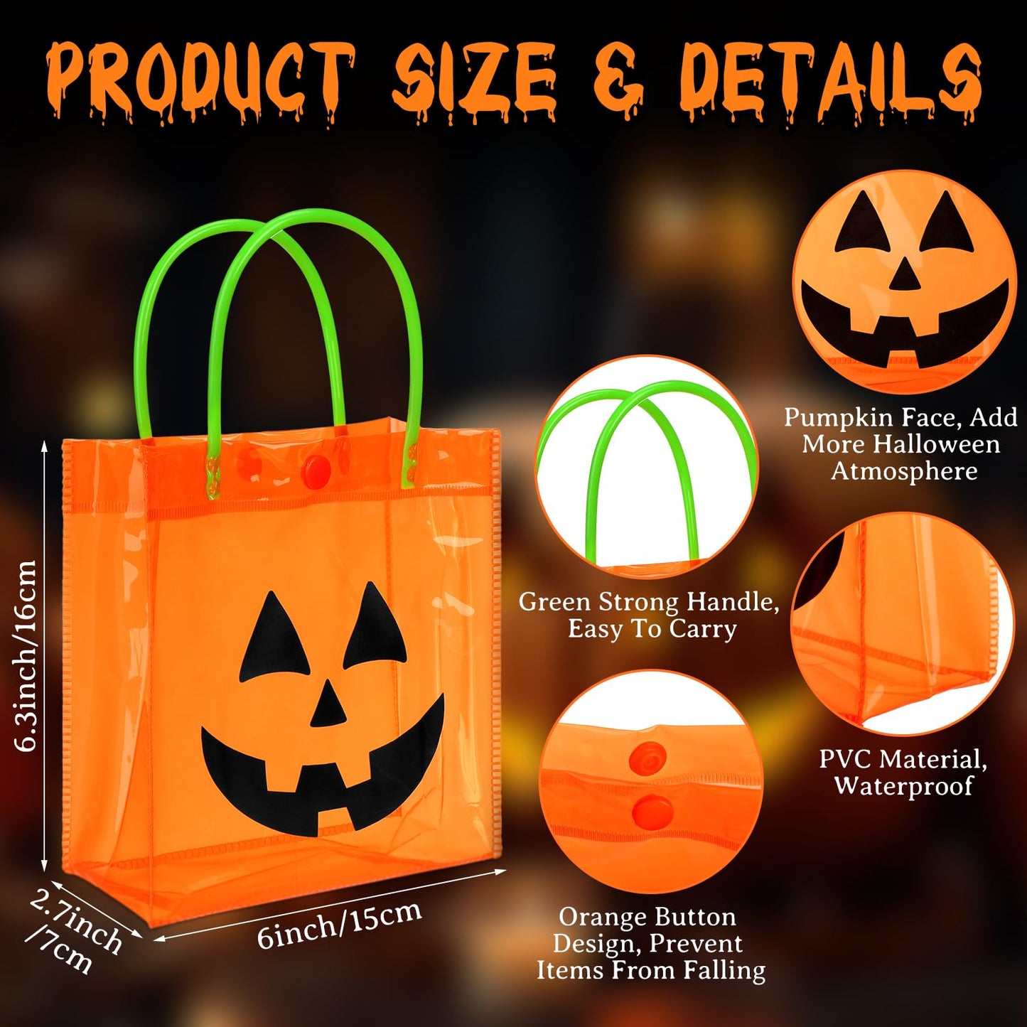 Sweetude 24 Packs Halloween Plastic Pumpkin Bags with Handles Halloween Jack O Lantern Pumpkin Party Gift Handles Bags Candy Favors, 6 x 6.3 Inch